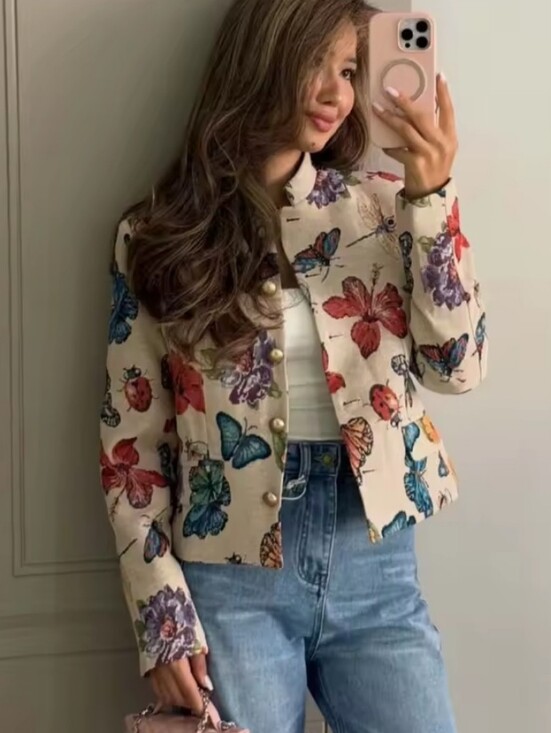 Jackets & Blazers - Butterfly Floral Print Cropped Jacket Women Stand Collar Gold Button Long Sleeve